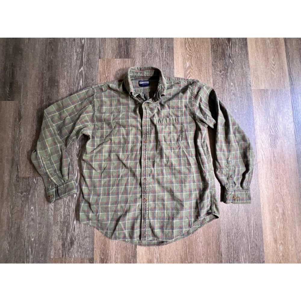 Lands End Flannel Shirt Mens L Green Plaid Button Down Regular Fit Long Sleeve